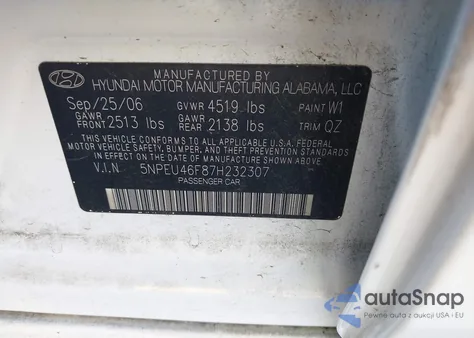 2007 Hyundai Sonata Limited/Se V6 z USA, uszkodzony, nr VIN 5NPEU46F87H232307